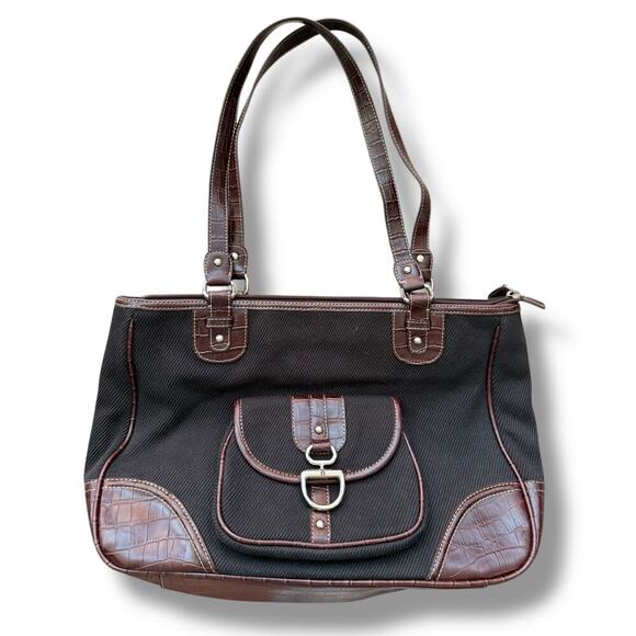 Etienne Aigner Bag Shoulder  BLACK & BROWN Leather Canvas - Picture 1 of 12